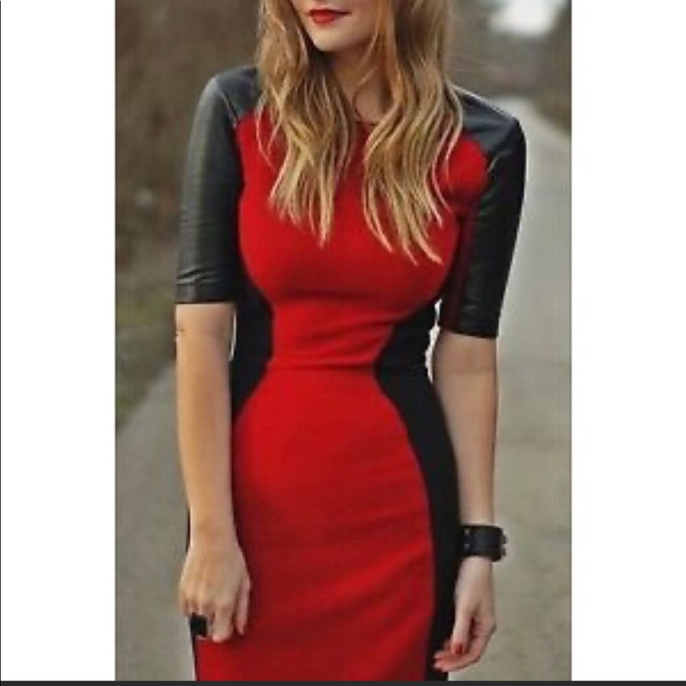 Zara red dress with black leather detailing